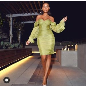 Olive off shoulder midi dress by MISS CIRCLE